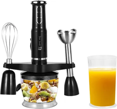 Obrázek produktu pro multifunkční ponorný mixér 4 v 1 3rychlostní ruční mixér 600 W s nízkou hlučností, mixovací nádobou / sekací nádobou / šlehací metlou / nerezovým nožem pro dětskou výživu, koktejly, omáčky