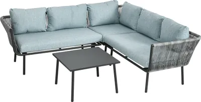Produktbild von 4 tlg. Rattan Gartenmöbel-Set, Sitzgarnitur mit Kissen, 2 Doppelsofas, 1 Ecksofa, 1 Couchtisch, Sitzgruppe, Gartengarnitur für Balkon