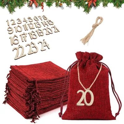 Produktbild von 24 Stück Adventskalender zum Befüllen, Jutesäckchen Rot, 10x14 cm