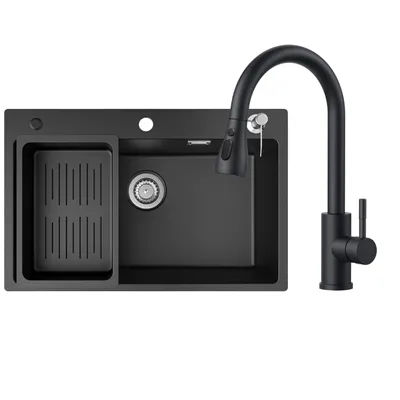 Produktbild von Granitspüle schwarz 70x45cm Set mit Küchenarmatur ausziehbar, Kratzfest & Geräuschdämmend, Cecipa MAX, SMC Küchenspüle, Einbauspüle & Abflussgarnitur