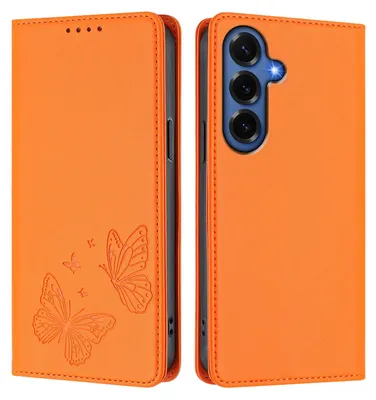 Obrázek produktu pro Kožené pouzdro pro Samsung Galaxy S26 FE, motýlí ražbou, peněženkové flip pouzdro se stojánkem Oranžová