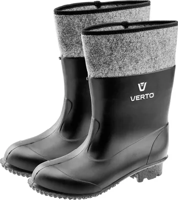 A pair of black rubber boots with gray felt cuffs.