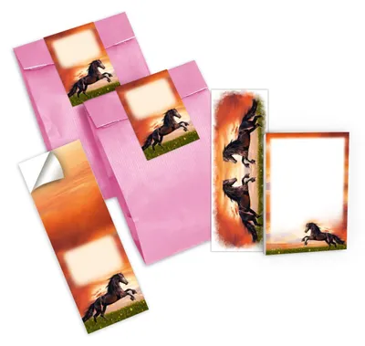 6 Lesezeichen + 6 Notizblöcke + 6 Tüten + 6 Sticker Pferd