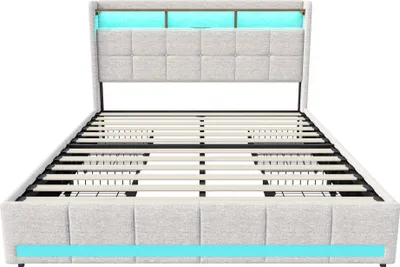 Immagine prodotto di Letto 180x200 base LED e 2 USB, Type-C, letto imbottito letto matrimoniale con 4 cassetti, lino, beige