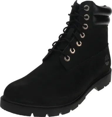 A black Timberland boot is shown against a white background.