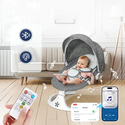 Produktbild von Caveen Babywippe bis 9kg, mit Fernbedienung & Bluetooth Verbinden Smartphone Stromanschluss, mit 5-Punkt Sicherheitsgurt, Insektennetz (Weiß)