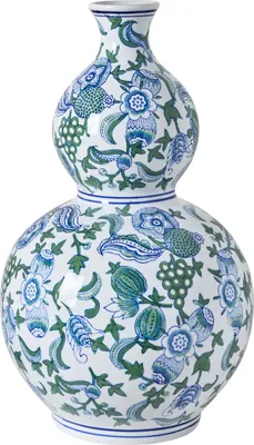 Produktbild von BELIANI Blumenvase Weiß Blau u. Grün Porzellan 45 cm Hoch Groß Gewölbt Handgemacht Pflanzenmotiv Chinesische Vase Dekovase Keramikvase Bodenvase