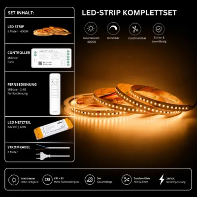 Produktbild von LED Streifen Set Neutralweiß 4000K – SMD LED Streifen 24V, 9 W/m, 1640 lm/m, 5m – SS60 Netzteil, SR2 Funk-Controller  und  C1 Fernbedienung Weiß