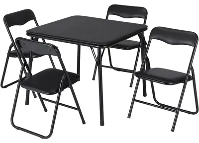 Zdjęcie produktu dla Stół i krzesełka dla dzieci – składany zestaw 5-częściowy – przenośny – wyściełane siedziska – metalowa rama – zajmuje mało miejsca – do pokoju zabaw – czarny