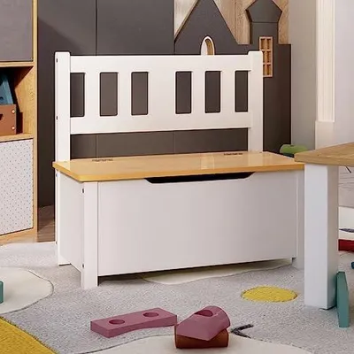 Produktbild von Weiße und beige Kinderbank aus MDF mit Stauraum, 60 x 30 x 55 cm, Sitztruhe mit Deckel für das Kinderzimmer zur Spielzeugaufbewahrung und Ordnung