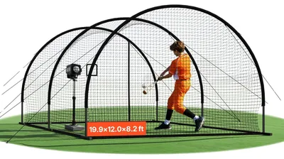 Image de Cage de frappe de baseball VEVOR (semi-circulaire) Filet 606 x 366 x 250 cm, filet d'entraînement avec tissu HDPE à 30 couches et noué, ouverture pour lance-balles, filet d'entraînement de softball inclus