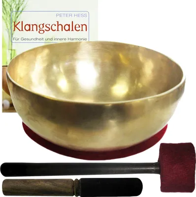 Produktbild von Therapie Klangschale 2000-2200g mit Buch von Peter Hess 5-tlg Klangmassage Set. Grosse Beckenschale handarbeit Nepal + Klöppel + Zubehör.