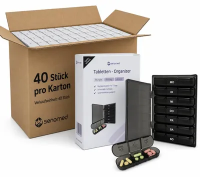 Produktbild von Senomed Tablettenbox 7 Tage – Medikamentenbox & Pillendose mit 3 Fächern pro Tag (morgens, mittags, abends), Wochendosierer schwarz – 40er Pack