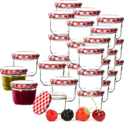 Produktbild von BigDean 36x Marmeladengläser 230ml - Einmachgläser Einweckgläser Sturzgläser - Germany - Einkochgläser mit Schraub-Deckel TO 82 - Rot kariert