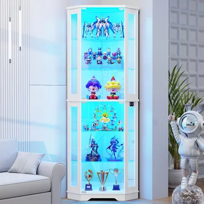 Produktbild von BROTTAR 71" Eckvitrine Weiß mit LED-Beleuchtung, Glastüren und Bewegungssensor, 6 Glasböden, platzsparend für Bücher, Antiquitäten und Deko, Weiß