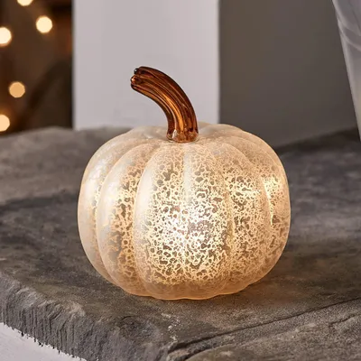 Halloween-Pompoen aus Glas, LED warmweiß, 12 cm, batteriebetrieben