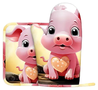 Produktbild von Ofenhandschuhe und Topflappen, hitzebeständig, rutschfest, mit Schweineaufdruck, 2 Stück