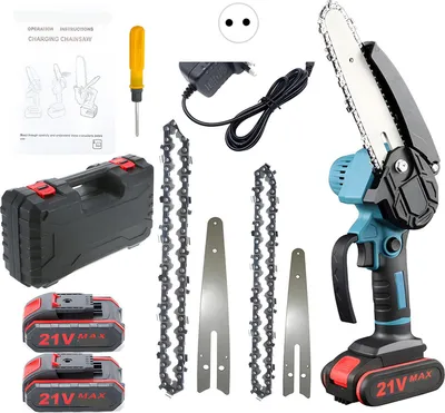 Produktbild von 4-Zoll/6-Zoll Mini-Akkukettensäge (21 V) – Handgeführte Akku-Säge für Gartenarbeiten, Baumschnitt und Holzarbeiten (Blau; inklusive Akku; 100–240 V EU)