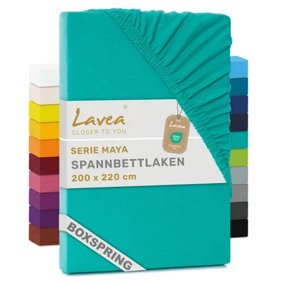 Produktbild von Lavea® Spannbettlaken 200 x 220 cm Maya Jersey, Boxspringbetten, Wasserbetten, Bettlaken 100% Baumwolle, Matratzen bis 35 cm, Spannbetttücher, Türkis