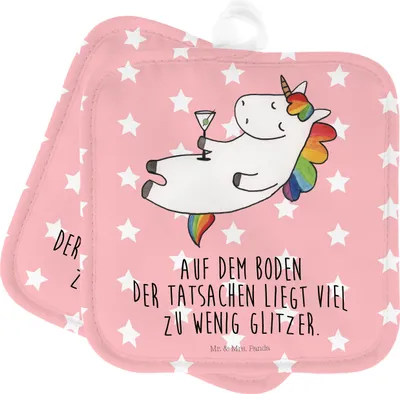 Produktbild von Mr. & Mrs. Panda 2er Set Topflappen Einhorn Cocktail - Rot Pastell - Geschenk, Ofenhandschuhe, Unicorn, Ofenhandschuh, Topfhandschuh, Einhörner, Topfuntersetzer, Party