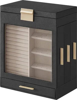 Image de Boîte à bijoux Unyqoos® à 5 compartiments avec fenêtre en verre, tiroirs latéraux et grand miroir, dimensions 15,5 x 26,1 x 32 cm, couleur noire, en MDF avec poignées en métal doré, intérieur en velours