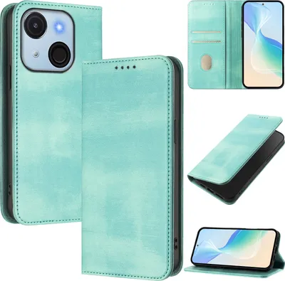 Image de Etui pour itel A50C, étui en cuir vintage avec protection RFID, fentes pour cartes, support Turquoise