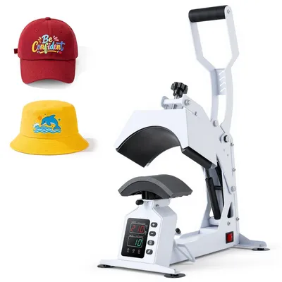Image de Presse à casquettes et chapeaux - Presse à transfert - Puissance 580 W - Plaque chauffante 21,6 x 9,9 cm - Réglage de la température et du temps - Pour casquettes, bandeaux et masques - Blanc