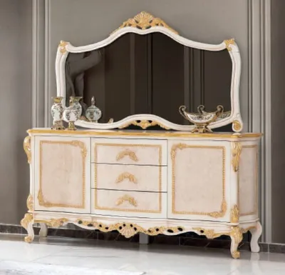 Produktbild von Casa Padrino Luxus Barock Möbel Set Sideboard mit Spiegel Beige / Weiß / Gold - Prunkvoller Massivholz Schrank mit elegantem Wandspiegel - Möbel im Barockstil