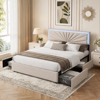 Image de INONEFT, lit capitonné 160 x 200 cm avec éclairage LED, lit double avec 4 tiroirs et sommier à lattes, lit pour adolescents, lit avec rangement, lit classique, tissu lin, couleur beige