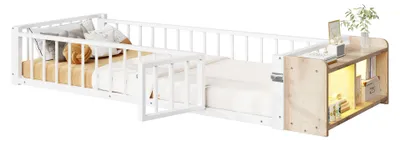 Produktbild von Kinderbett mit LED-Streifen, Regal, Zaun, Lattenrost und Tür, 90x200 cm, Einzelbett mit Rausfallschutz, Metallbett