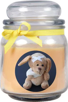 Produktbild von Duftkerze im Bonbonglas "Gute Besserung", Duft: Vanille ( Gelb ), 300g - Brenndauer bis zu 70 Stunden