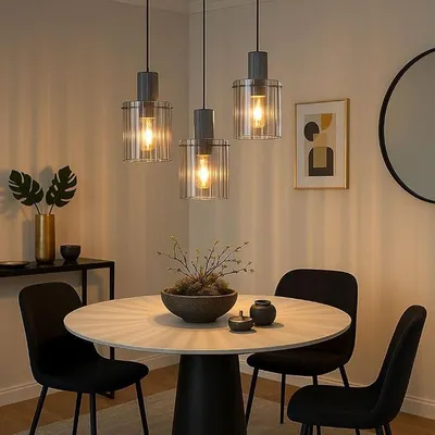 Image de Suspension LED, luminaire pour salon, 3 lumières, abat-jour en verre fumé, structure en métal gris, 3 x 8W, 806 lumens, lumière blanc chaud, dimensions : 48 x 150 cm