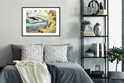 Produktbild von MuchoWow® MuchoWow® Gerahmtes Poster Ein Wal bei Goto - Gemälde von Katsushika Hokusai 80x60 cm - Poster mit zchwarzem Bilderrahmen - Schlafzimmer-Dekorationen - Fotoposter
