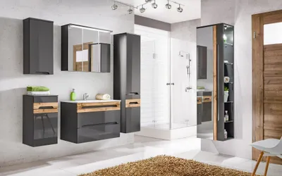 Obrázok produktu pre Design Badezimmer Möbel Bad 5 tlg. Set Garnitur Schrank Waschbecken Beleuchtung