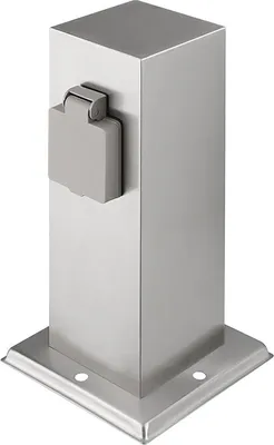 A silver outdoor light post with a gray flip-up cover for electrical outlets.