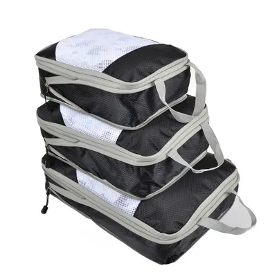Produktbild von 3-teiliges Reise-Kompressionsbeutel-Set – wasserdichter Schuhbeutel, Kultur- und Kosmetiktasche, Unterwäschebeutel mit Kordelzug