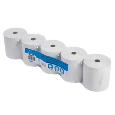 Image de Exacompta 43807E Pack de 50 rouleaux de papier thermique 1 épaisseur Largeur : 80mm, longueur : 76m, diamètre du mandrin : 12mm 48g/m² imprimé au verso pour rouleau de caisse