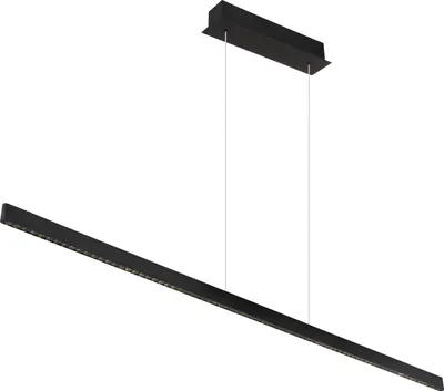 A black linear pendant light fixture suspended by thin wires against a white background.