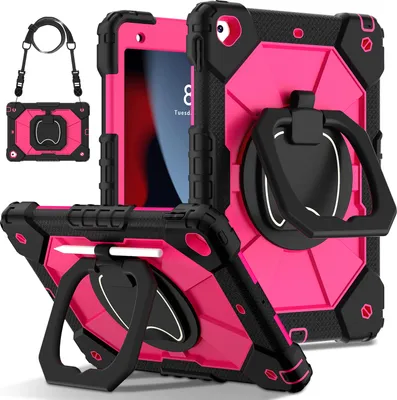 Obrázek produktu pro Pouzdro pro iPad 9th Gen/ 8th Gen/ 7th Gen, iPad 10,2" 2021/2020/2019, odolné přenosné ochranné pouzdro se stojánkem, ručním popruhem a ramenním popruhem černé Růžový