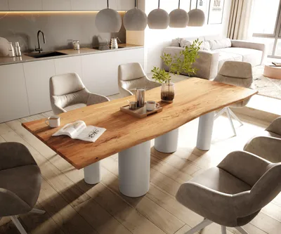 Produktbild von DELIFE Esstisch Edge 260x100 Akazie Natur Pilier Metall Weiß Live-Edge