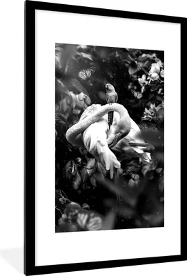 Produktbild von MuchoWow® Gerahmtes Poster Flamingo und Schmetterlinge im Dschungel - schwarz und weiß 60x90 cm - Poster mit Schwarzem Bilderrahmen Wandposter Rahmen Foto Bilder - Dekoration - Wandposter Wohnzimmer - Hochwertig