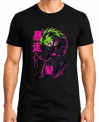 Imagen del producto de Camiseta para hombre con diseño de anime cyberpunk, estilo japonés, con motivos de máscara, tecnología y estética Y2K. Color: negro. Talla: XL