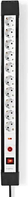 A black power strip with multiple white outlets and a red power switch is shown vertically against a white background.