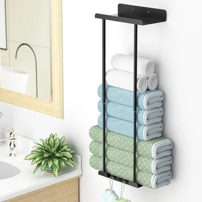 Image de Porte-serviettes à fixation murale avec 3 crochets et une tablette en bois pour la salle de bains