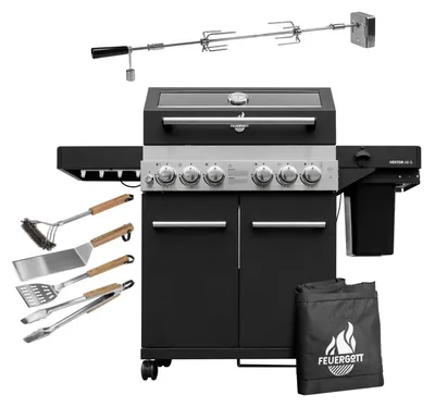 Produktbild von Feuergott Gas-Grillstation Hektor 4B-S All Inclusive mit Abdeckhaube, Drehspieß und 4-teiligem Grillbesteck