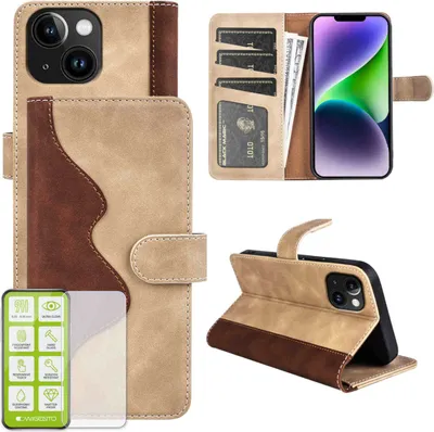 Produktbild von Für Apple iPhone 15 Design Handy Tasche Braun Etuis Kunst-Leder Hülle Case + H9 Hart Glas