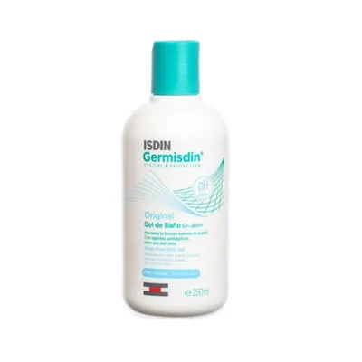 A white bottle of Isdin Germisdin Original Gel de Baño Sin Jabón.