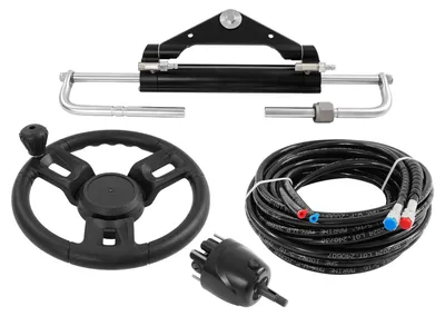 Produktbild von Hydraulische Außenborder Lenkung - Komplettset mit Steuerrad - Für Motoren bis 150 PS - Hub 200 mm - 8 m Hydraulikschläuche - Silber
