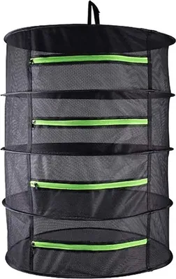 A black mesh drying rack with four tiers and green zippers is shown hanging against a white background.