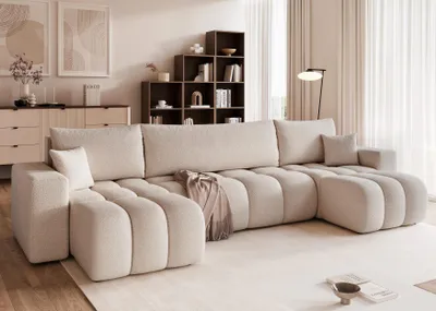 Produktbild von Idohome - Bubble Ecksofa OFI U Bouclé mit Schlaffunktion, Bettkasten modernes, Wohnzimmercouch - Farbe: Grau-Beige Centaur 03